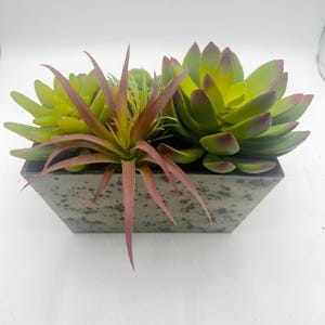 May include: A square, concrete-look planter filled with artificial succulents. The arrangement features green and yellow succulents with red-tipped leaves and a central cluster of spiky, reddish-brown foliage. The planter has a speckled, gray finish.