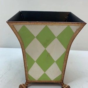 7''H Hand-Painted Green and White Harlequin Tole Bin & Orchid Planter