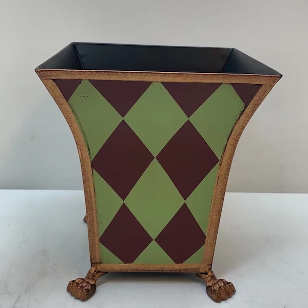 7''H Small Hand-Painted Red and Green Harlequin Tole Bin & Orchid Planter