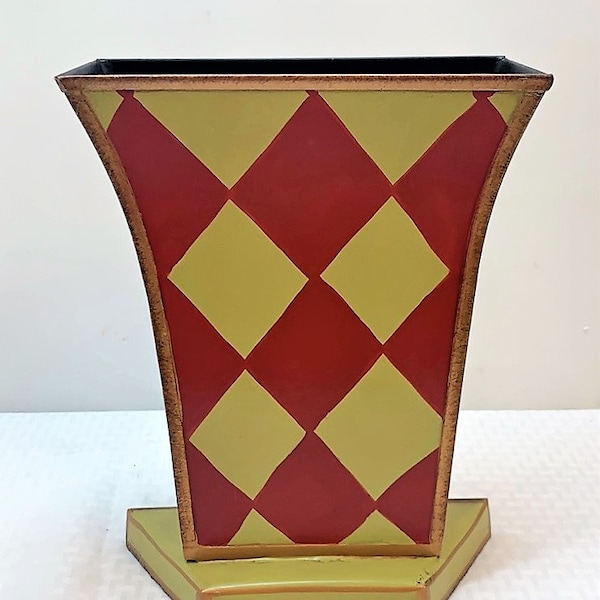12"H Hand Painted Tole Bin & Orchid Planter, Red and Green Harlequin Pattern