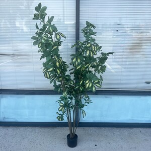 70" Tall Variegated Artificial Plant | Faux Indoor Tree in Pot | Realistic Green Yellow Leaves | Large Floor Plant Home Decor