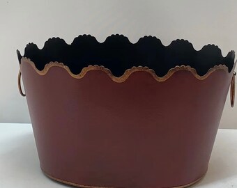 12”L Hand-Painted Tole Bin & Orchid Planter, Dark Red Pattern