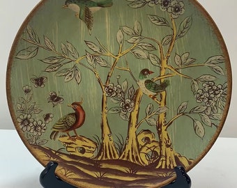 10" Hand-Painted Ceramic Plate for Decoration with Wooden Plate Stand