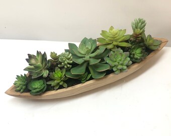 Cypress Artificial Succulents Arrangement in Nature Teak Wood Boat, 21inch