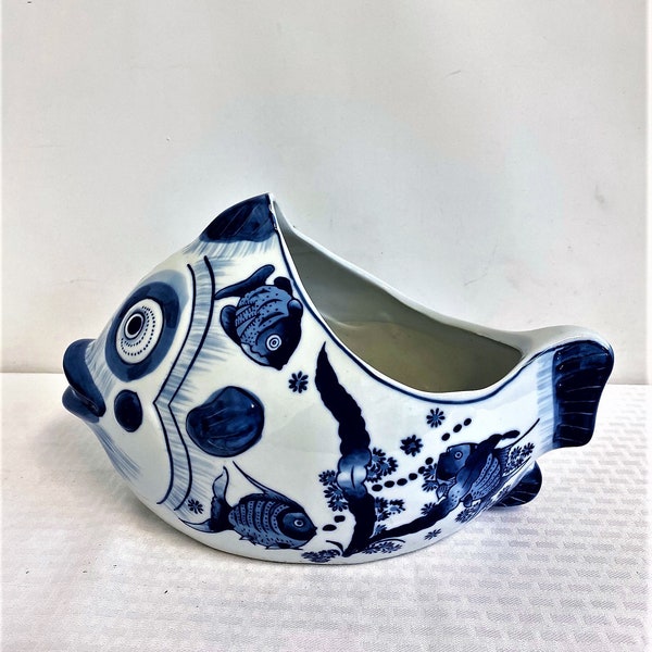 14"L Hand-Painted Blue and White Porcelain Fish Planter