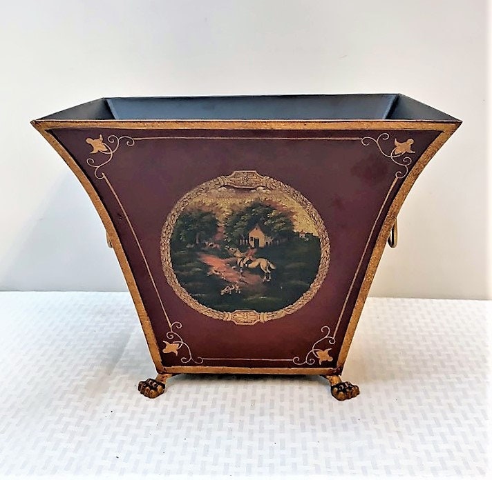 10"H Hand Painted Tole Bin & Orchid Planter, Royal Red Scene Pattern