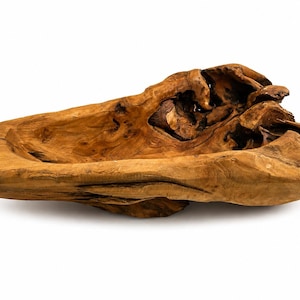 May include: A natural brown wooden bowl carved from a single piece of root wood. The bowl features an irregular, organic shape with a hollowed-out center, visible wood grain patterns, and textured knots throughout the exterior surface.