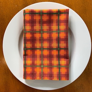 Orange Fall Plaid Themed Dinner Napkins - Set of 4