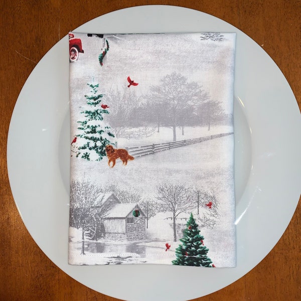 White Snowy Christmas with Red Truck Themed Christmas Dinner Napkins - Set of 4