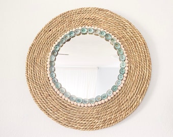 13” Limpet shell rope mirror, Rope Mirror, Coastal Wall Mirror, Jute Accent Mirror, Coastal Home Decor