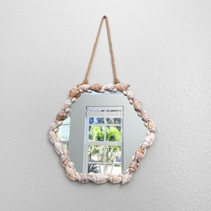 Modern Shell Rope Mirror, Hexagon Hanging mirror, Shell Wall Mirror, Sea Shell Mirror, Beach Decor, Coastal Home
