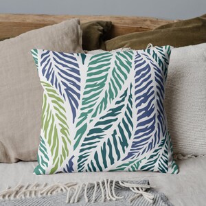 Modern Palm Leaf Pillow, Green Blue Teal Pillow Cover with Zipper, Tropical Print Accent Pillow, Coastal Decor Throw Pillow