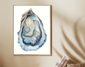 Oyster Wall Art, Watercolor Oyster Blue Art, Modern Coastal Decor, Oyster Shell Painting, Blue Shell Decor, Beach House Print, Printable Art