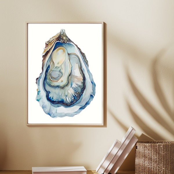 Oyster Wall Art, Watercolor Oyster Blue Art, Modern Coastal Decor, Oyster Shell Painting, Blue Shell Decor, Beach House Print, Printable Art