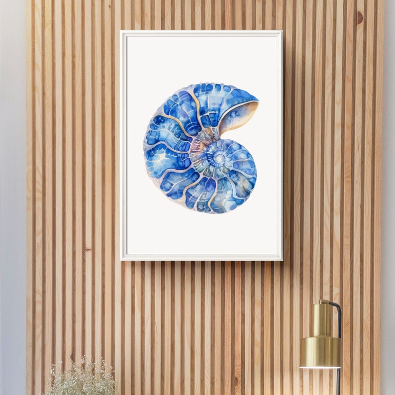 Nautilus Shell Wall Art, Watercolor Sea Shell Print, Blue Coastal Decor ...