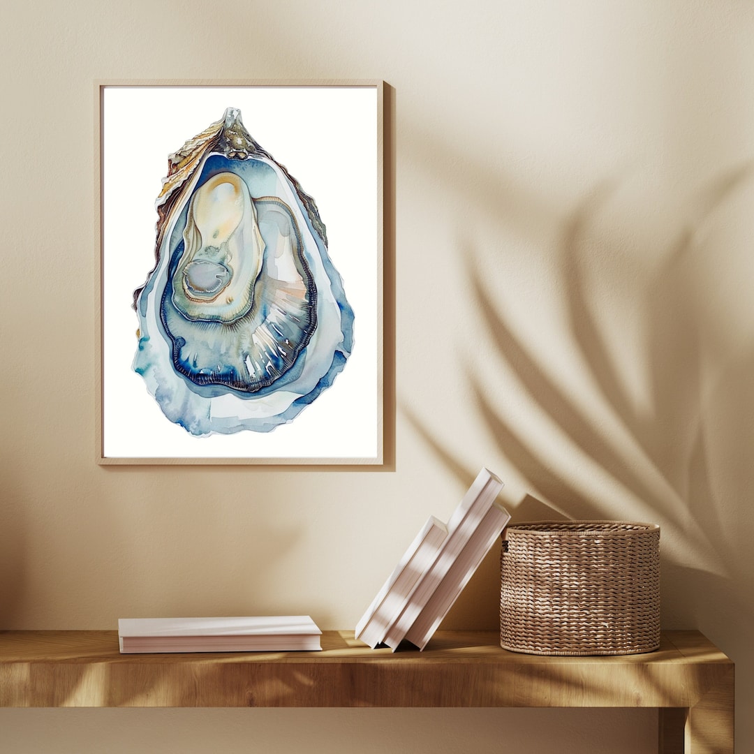 Oyster Wall Art, Watercolor Oyster Blue Art, Modern Coastal Decor ...