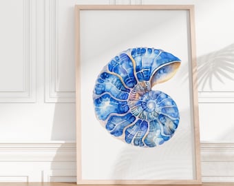 Arte de pared de concha de Nautilus, impresión de concha de mar de acuarela, decoración costera azul, casa de playa moderna, arte de concha azul, impresión de arte de baño