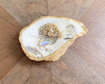 Oyster Dish, Painted Oyster Shell, Decoupage Oyster Shell Ring Dish, Gold Trimmed Oyster Shell Jewelry Trinket Dish, Jellyfish Pattern