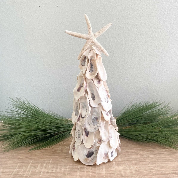 14" Oyster shell tree with starfish topper, Shell Christmas tree, Coastal Christmas tree