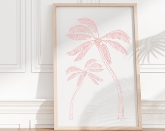 Väggkonst med rosa palmer, strandliknande väggkonst, digitalt tryck med palmträd, kustnära cowgirl-tryck, trendig kustkonst, rosa preppy utskrivbar konst