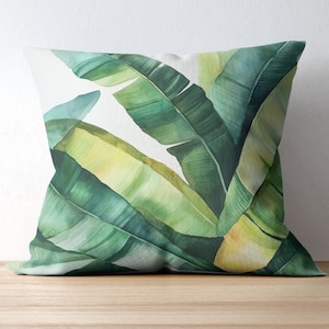 Tropical Banana Leaf Pillow, Green Palm Pillow Cover with Zipper, Green Coastal Decor Throw Pillow, Modern Tropical Print Accent Pillow