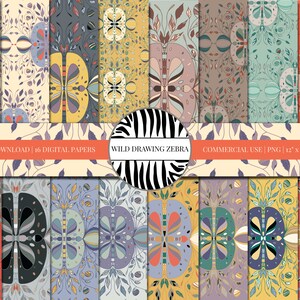 Może przedstawiać: Zestaw 16 cyfrowych papierów z powtarzającym się wzorem stylizowanych motyli z geometrycznymi wzorami w odcieniach niebieskiego, żółtego, czerwonego i zielonego. Tło jest kremowe z subtelnym wzorem liści. Tekst "INSTANT DOWNLOAD | 16 DIGITAL PAPERS" i "WILD DRAWING ZEBRA" jest zawarty w obrazie.