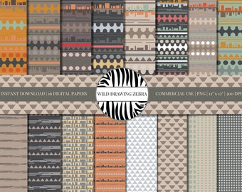 May include: A set of 16 digital papers featuring geometric patterns in shades of brown, gray, orange, and teal. The patterns include stripes, dots, triangles, and zigzags. The papers are 12 inches by 12 inches and 300 DPI.  INSTANT DOWNLOAD | 16 DIGITAL PAPERS WILD DRAWING ZEBRA COMMERCIAL USE | PNG | 12" x 12" | 300 DPI