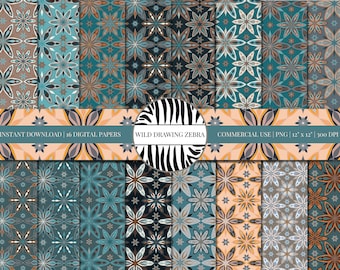 Dekoracyjny pakiet papieru cyfrowego z ornamentami - z papierem do scrapbookingu inspirowanym azulejo i abstrakcyjnym geometrycznym wzorem kwiatowym - do użytku komercyjnego