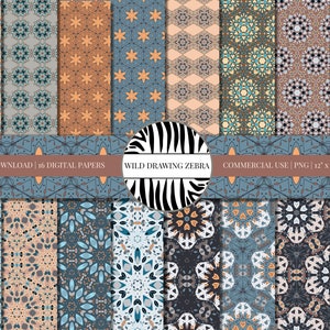 May include: A set of 16 digital papers featuring intricate geometric patterns in shades of blue, orange, and brown. The papers are 12 inches by 12 inches and 300 DPI.  The text "INSTANT DOWNLOAD | 16 DIGITAL PAPERS" and "WILD DRAWING ZEBRA" is visible on the image.