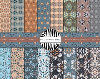 Modern Digital Paper Pack - With Ornamental Flower Pattern in Indonesian Batik Style - Earth Tones - Commercial Use