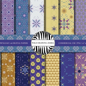 Botanical Digital Scrapbook Paper Set, Violet Blue Yellow Floral Background, Printable Modern Abstract Patterns - Commercial License