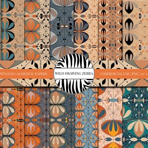 May include: Set of 16 digital papers featuring a geometric pattern with orange, blue, and brown colors. The papers are 12 inches by 12 inches and 300 DPI.  INSTANT DOWNLOAD.  WILD DRAWING ZEBRA. COMMERCIAL USE.