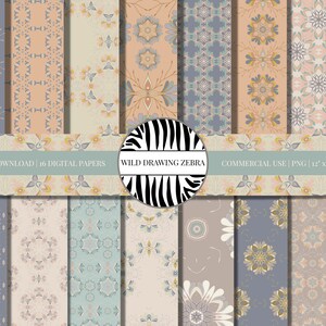May include: Set of 16 digital papers featuring intricate floral patterns in shades of blue, pink, and yellow. The papers are 12 inches by 12 inches and 300 DPI.
