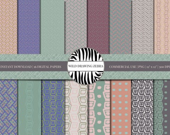 May include: A set of 16 digital papers featuring geometric patterns in various colors, including pink, blue, green, and gray. The papers are 12 inches by 12 inches and 300 DPI.  INSTANT DOWNLOAD | 16 DIGITAL PAPERS WILD DRAWING ZEBRA COMMERCIAL USE | PNG | 12" x 12" | 300 DPI