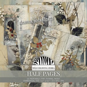 Winter Botanical Junk Journal afdrukbare halve papieren, Mixed Media Collage voor scrapbooking, boek maken, knutselen, kaarten | Commercieel gebruik