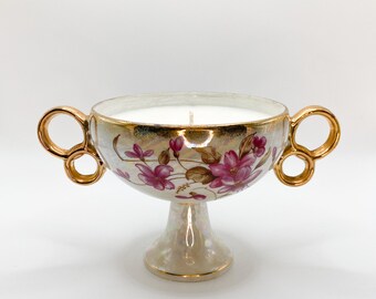 Vintage Iridescent Floral Pedestal Bowl- Sea Salt & Orchid Candle