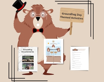 Può includere: Un cartone animato di marmotta con cappello a cilindro, papillon e occhiali tiene un cartello che dice "Attività a tema del Giorno della Marmotta". L'immagine include anche tre fogli di lavoro stampabili: "Documentari sulla marmotta", "Predizioni" e "Cosa vede la marmotta?"