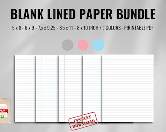 May include: Printable lined paper bundle in three colors: gray, pink, and blue. The paper sizes are 5x8, 6x9, 7.5x9.25, 8.5x11, and 8x10 inches. The text "BLANK LINED PAPER BUNDLE" and "5 x 8 - 6 x 9 - 7,5 x 9,25 - 8,5 x 11 - 8 x 10 INCH/3 COLORS - PIRINTABLE PDF" is at the top of the image.