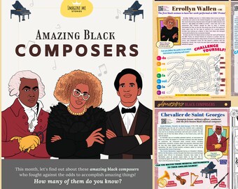 May include: A colorful educational activity sheet featuring portraits of four Black composers: Errollyn Wallen, Samuel Coleridge Taylor, Chevalier de Saint-Georges, and an unidentified composer. The sheet includes a maze, a coloring page, and a matching game.