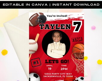 Sports Theme Birthday Invitation, Kid Theme Birthday Party, Birthday Flyer, Birthday Party Invitation, Celebration Flyer, DIY Invitation