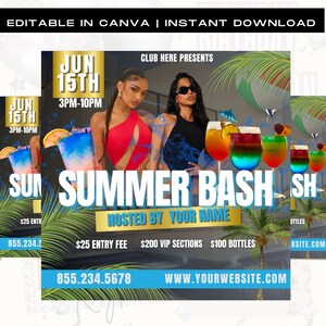 May include: A flyer for a summer bash event at a club. The flyer features a black background with a palm tree and a pool in the background. The text on the flyer reads "Summer Bash" and "Hosted by Your Name". The flyer also includes the date of the event, June 15th, and the time, 3pm-10pm. The flyer also includes the price of admission, $25, and the price of VIP sections, $200. The flyer also includes the price of bottles, $100. The flyer also includes the phone number, 855.234.5678, and the website, www.yourwebsite.com.