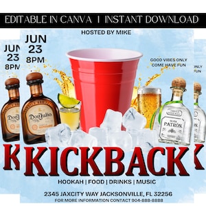 May include: A red plastic cup with ice cubes, bottles of tequila, and a shot glass with a lime wedge. The text "Kickback" is in large red letters. The text "Good Vibes Only Come Have Fun" is in white letters. The text "Jun 23 8PM" is in black letters. The text "Hosted by Mike" is in black letters. The text "Hookah | Food | Drinks | Music" is in black letters. The text "2345 Jaxcity Way Jacksonville, FL 32256" is in black letters. The text "For More Information Contact 904-888-8888" is in black letters.