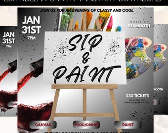Paint And Sip Party Flyer, Party Flyer, Event Flyer, Club Event, Birthday Event, Sip and Paint, Premade Template