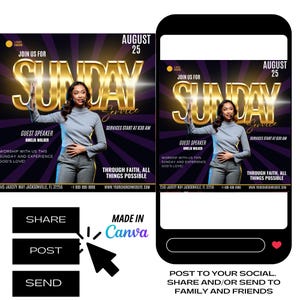 May include: A purple and gold flyer with a woman in a black and white outfit standing in front of a gold "Sunday Service" sign. The flyer advertises a church service on August 25th with guest speaker Amelia Walker. The text "Through faith, all things possible" is at the bottom of the flyer.