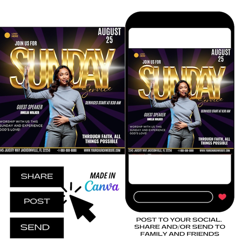 May include: A purple and gold flyer with a woman in a black and white outfit standing in front of a gold "Sunday Service" sign. The flyer advertises a church service on August 25th with guest speaker Amelia Walker. The text "Through faith, all things possible" is at the bottom of the flyer.