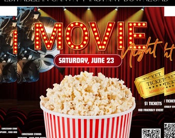 Movie Night Template, Cinema Party, Movie Event Flyer, Movie Theme Party, Premade Template