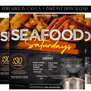 May include: A promotional graphic for "Seafood Saturdays" featuring images of cooked seafood. The design includes the text "Seafood Saturdays" in large, bold letters, a menu, and pricing information. The graphic is designed to be edited in Canva and is available for instant download.