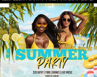 Summer Party Flyer, DIY Party Flyer, Beach Party, Club Night Flyer, Pool Party, Premade Template