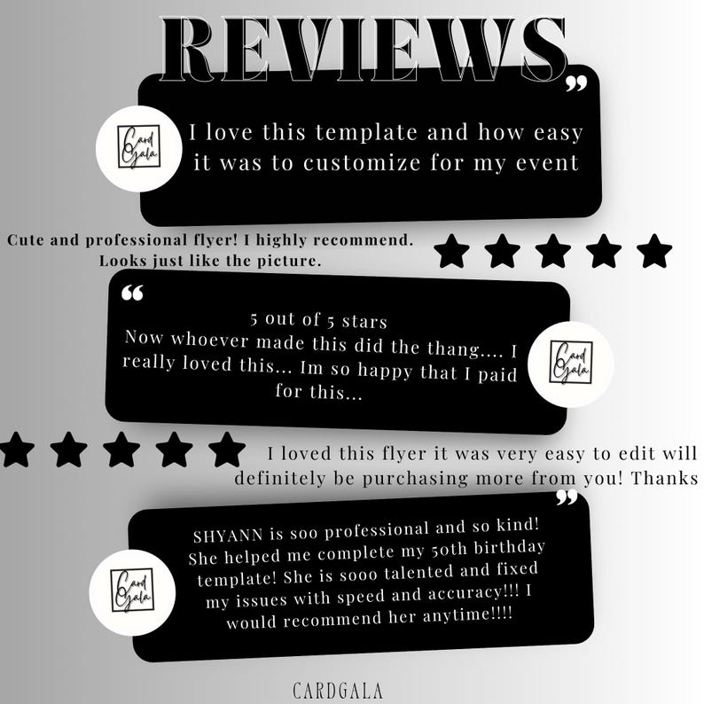 May include: A black and white image with customer reviews for a digital flyer template. The reviews are positive and highlight the ease of use and customization of the template. The text includes phrases like "I love this template", "easy to customize", "highly recommend", and "so happy that I paid for this".