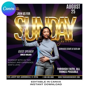 May include: A flyer for a Sunday service on August 25th, featuring a woman speaking at a podium. The flyer is purple with gold text and a gold background. The text reads "Sunday Service", "Guest Speaker Amelia Walker", "Worship with us this Sunday and experience God's love!" and "Through faith, all things possible".